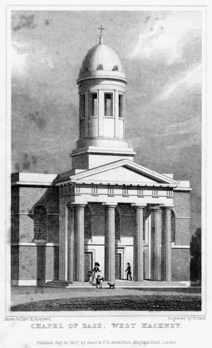 Framed Print : Chapel of ease, West Hackney, London, 1827. Artist: W Bond Framed Print : Chapel of ease, West Hackney, London, 1827. Artist: W Bond