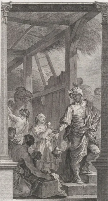 Framed Print : The Chapel of the Enfants-Trouves in Paris: Le Roi mage Balthazar et sa suite, 1752. Creator: Etienne Fessard Framed Print : The Chapel of the Enfants-Trouves in Paris: Le Roi mage Balthazar et sa suite, 1752. Creator: Etienne Fessard