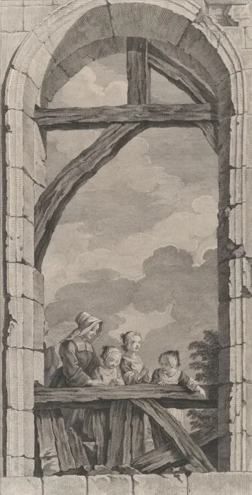 Framed Print : The Chapel of the Enfants-Trouves in Paris: Religieuse et petites filles regardant la crec... 1756. Creator: Etienne Fessard Framed Print : The Chapel of the Enfants-Trouves in Paris: Religieuse et petites filles regardant la crec... 1756. Creator: Etienne Fessard