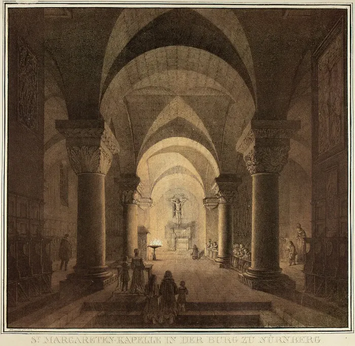Framed Print : Chapel of Saint Margaret in the City of Nuremberg, from Collection of Memorable Medieval... 1819. Creator: Domenico Quaglio II Framed Print : Chapel of Saint Margaret in the City of Nuremberg, from Collection of Memorable Medieval... 1819. Creator: Domenico Quaglio II