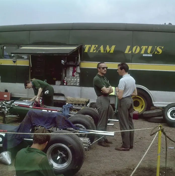Framed Print : Chapman and Clark outside the Lotus team bus, French Grand Prix, Clermont-Ferrand, France, 1965 Framed Print : Chapman and Clark outside the Lotus team bus, French Grand Prix, Clermont-Ferrand, France, 1965