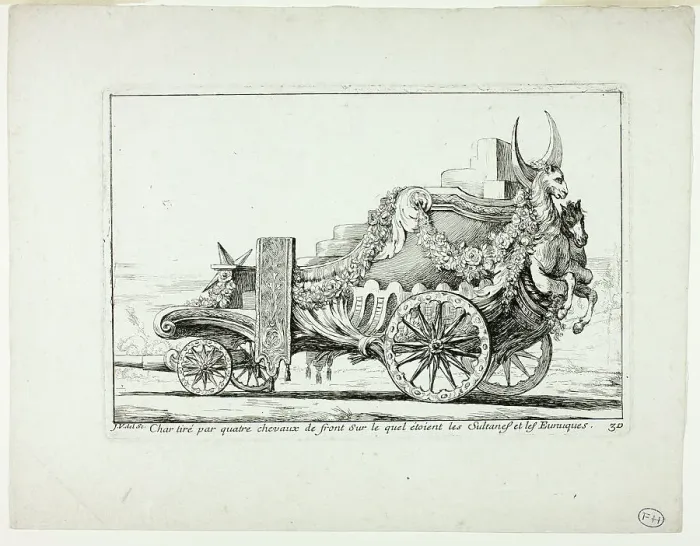 Framed Print : Char tiré par quatre chevaux de front, Sur lequel étaient les Sultanes et les Eunuques, pl... 1748. Creator: Joseph-Marie Vien the Elder Framed Print : Char tiré par quatre chevaux de front, Sur lequel étaient les Sultanes et les Eunuques, pl... 1748. Creator: Joseph-Marie Vien the Elder