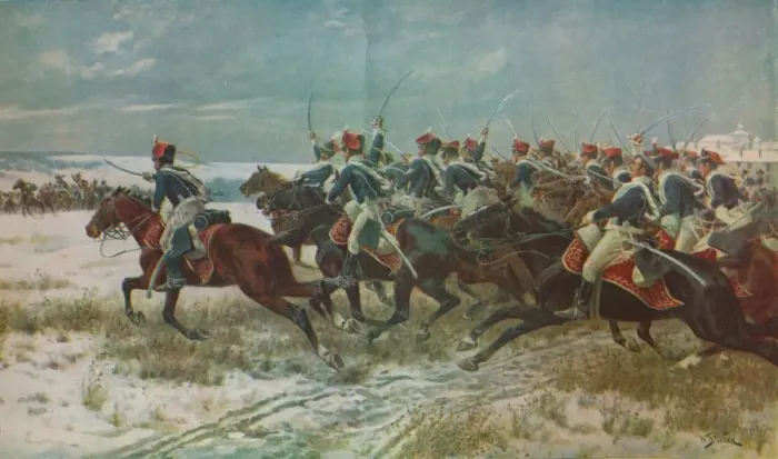 Framed Print : The Charge of the 10th Hussars at Benevente (Corunna Campaign), 1809, c1915 (1928). Artist: William Barnes Wollen Framed Print : The Charge of the 10th Hussars at Benevente (Corunna Campaign), 1809, c1915 (1928). Artist: William Barnes Wollen