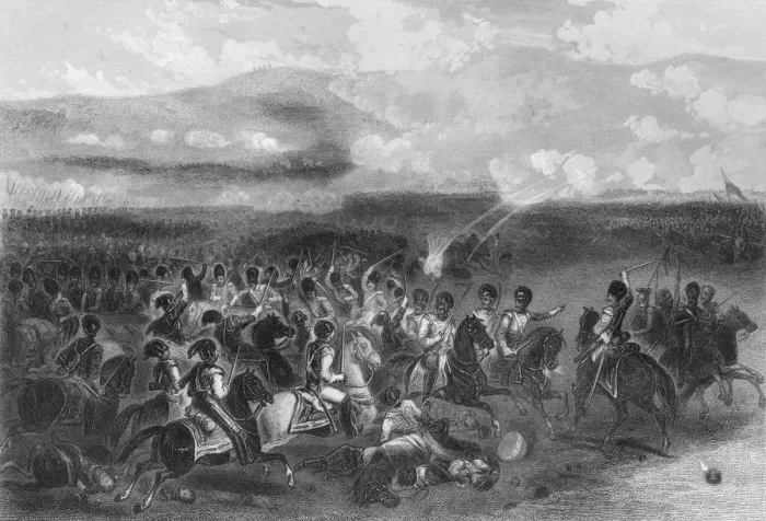 Framed Print : Charge of heavy cavalry at the Battle of Balaclava during the Crimean War, 1854 (1857). Artist: W Hulland Framed Print : Charge of heavy cavalry at the Battle of Balaclava during the Crimean War, 1854 (1857). Artist: W Hulland