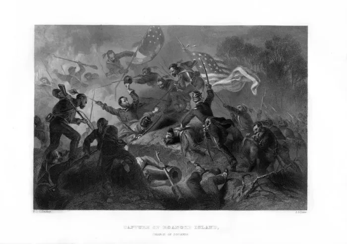 Framed Print : Charge of the Zouaves, Capture of Roanoke Island, North Carolina, 1862-1867. Artist: JJ Crew Framed Print : Charge of the Zouaves, Capture of Roanoke Island, North Carolina, 1862-1867. Artist: JJ Crew