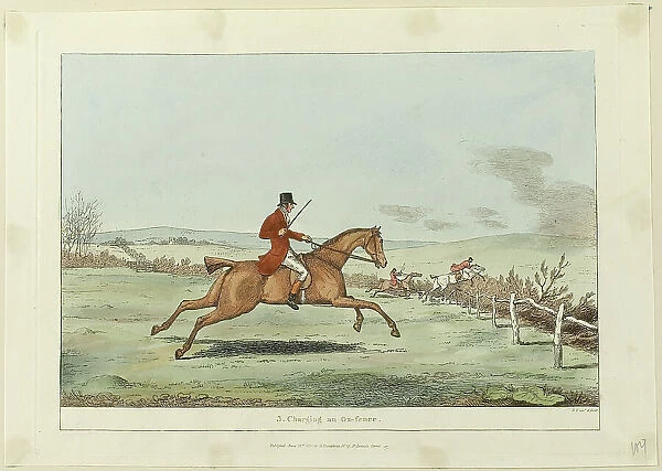 Charging an Ox-fence, plate three from Indispensable Accomplishments, published June 24, 1811. Creator: Robert Frankland