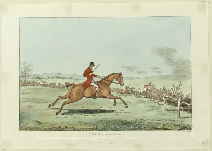 Framed Print : Charging an Ox-fence, plate three from Indispensable Accomplishments, published June 24, 1811. Creator: Robert Frankland Framed Print : Charging an Ox-fence, plate three from Indispensable Accomplishments, published June 24, 1811. Creator: Robert Frankland