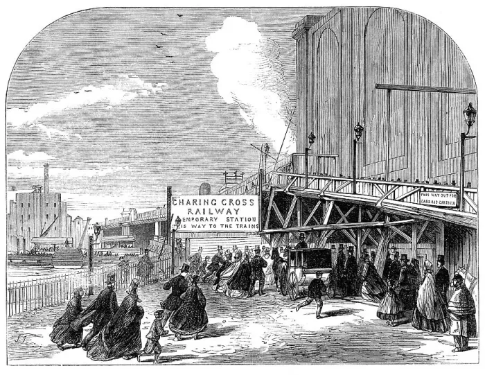 Framed Print : The Charing-Cross Railway: temporary entrance to the station from Villiers-Street, 1864. Creator: Unknown Framed Print : The Charing-Cross Railway: temporary entrance to the station from Villiers-Street, 1864. Creator: Unknown