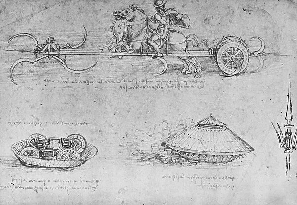 A Chariot Armed with Scythes, Two Drawings of a Sort of Tank and a Partisan, c1480 (1945). Artist: Leonardo da Vinci