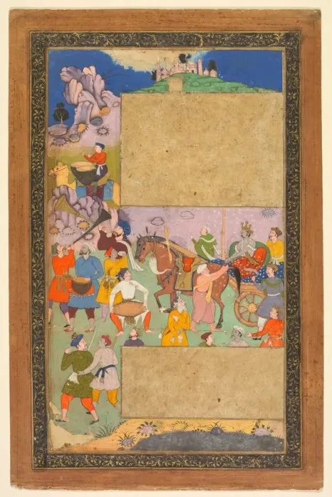 Framed Print : A charioteer riding through a rocky landscape with an entourage of footmen and musicians Framed Print : A charioteer riding through a rocky landscape with an entourage of footmen and musicians