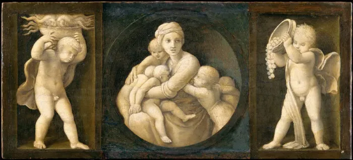 Framed Print : Charity (Baglioni family Altarpiece, predella panel), 1507 Framed Print : Charity (Baglioni family Altarpiece, predella panel), 1507