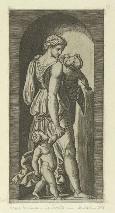 Framed Print : Charity personified by a woman with two childen, from The Virtues, ca. 1515-25. Creator: Marcantonio Raimondi Framed Print : Charity personified by a woman with two childen, from The Virtues, ca. 1515-25. Creator: Marcantonio Raimondi