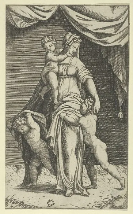 Framed Print : Charity personified by a woman with three children, ca. 1520-40. Creator: Anon Framed Print : Charity personified by a woman with three children, ca. 1520-40. Creator: Anon