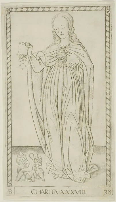 Framed Print : Charity, plate 38 from Genii and Virtues, c.1465. Creator: Unknown Framed Print : Charity, plate 38 from Genii and Virtues, c.1465. Creator: Unknown