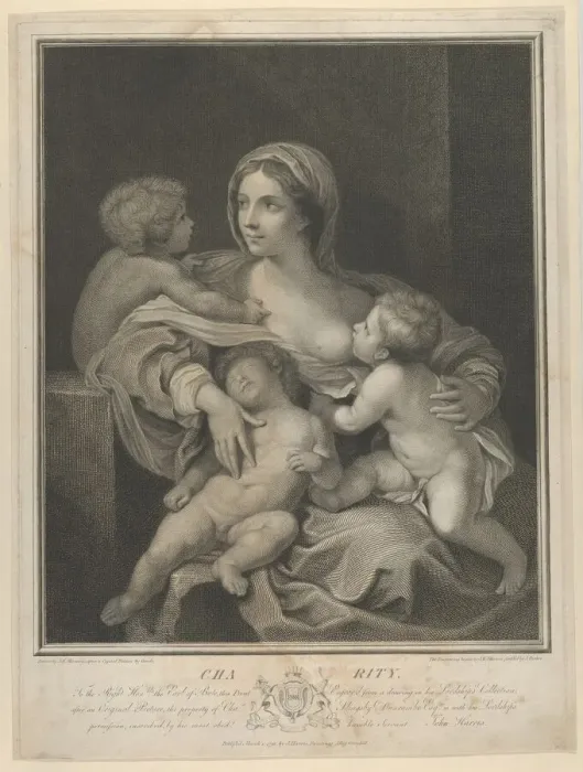 Framed Print : Charity seated nursing an infant, another sleeping on her lap and a third talking to her Framed Print : Charity seated nursing an infant, another sleeping on her lap and a third talking to her