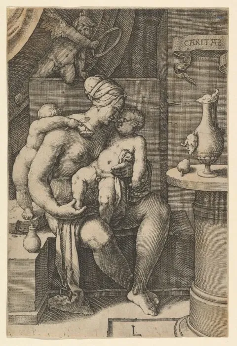 Framed Print : Charity, from the series The Seven Virtues, 1530. Creator: Lucas van Leyden Framed Print : Charity, from the series The Seven Virtues, 1530. Creator: Lucas van Leyden