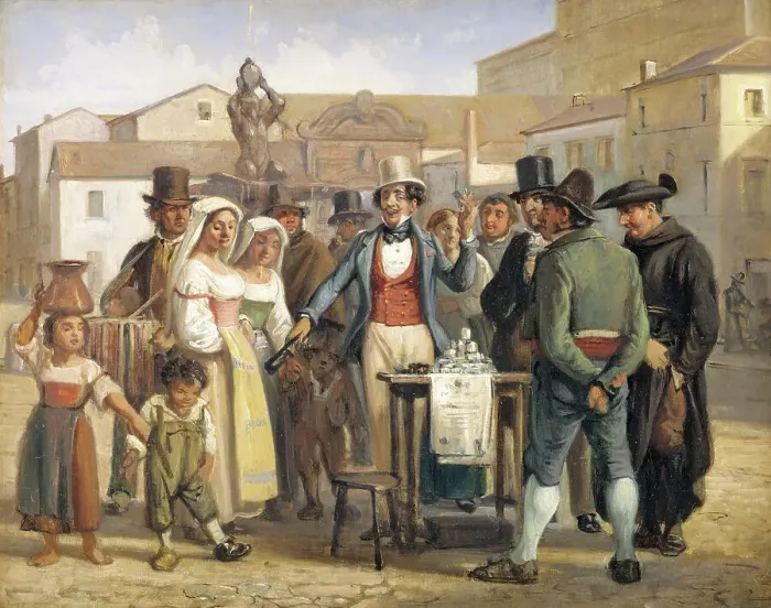 Framed Print : A Charlatan Selling Blacking in the Piazza Barberini in Rome, 1840-1849. Creator: Wilhelm Marstrand Framed Print : A Charlatan Selling Blacking in the Piazza Barberini in Rome, 1840-1849. Creator: Wilhelm Marstrand