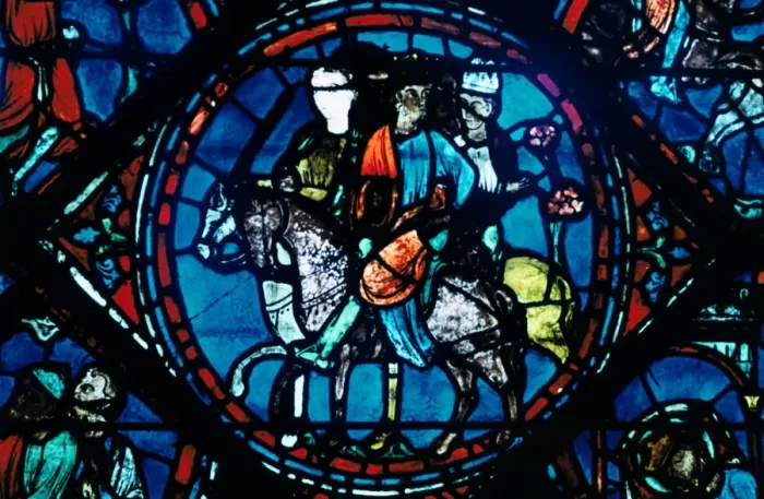 Framed Print : Charlemagne departs for Spain, stained glass, Chartres Cathedral, France, c1225 Framed Print : Charlemagne departs for Spain, stained glass, Chartres Cathedral, France, c1225