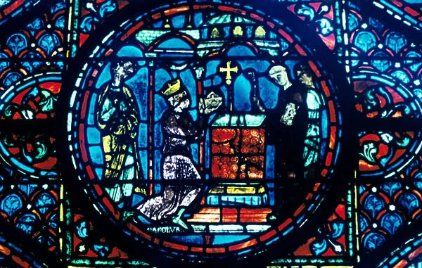Charlemagne gives relics to the Chapel at Aix, stained glass, Chartres Cathedral, France, c1225