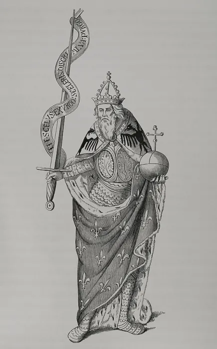 Framed Print : Charlemagne holding the globus cruciger in one hand and the sword in the other, 1878. Creator: Unknown Framed Print : Charlemagne holding the globus cruciger in one hand and the sword in the other, 1878. Creator: Unknown