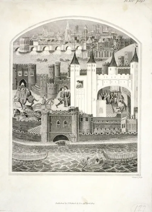 Framed Print : Charles duc d Orleans imprisoned in the Tower of London with London Bridge in the background, 1803 Framed Print : Charles duc d Orleans imprisoned in the Tower of London with London Bridge in the background, 1803