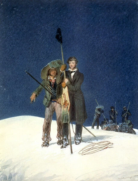 Charles Fellows with William Hawes, plants a baton on the summit of Mont Blanc, 1827