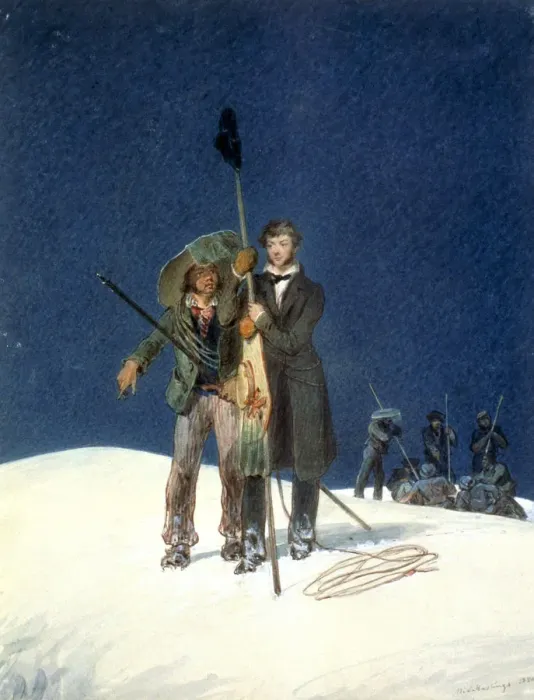 Framed Print : Charles Fellows with William Hawes, plants a baton on the summit of Mont Blanc, 1827 Framed Print : Charles Fellows with William Hawes, plants a baton on the summit of Mont Blanc, 1827