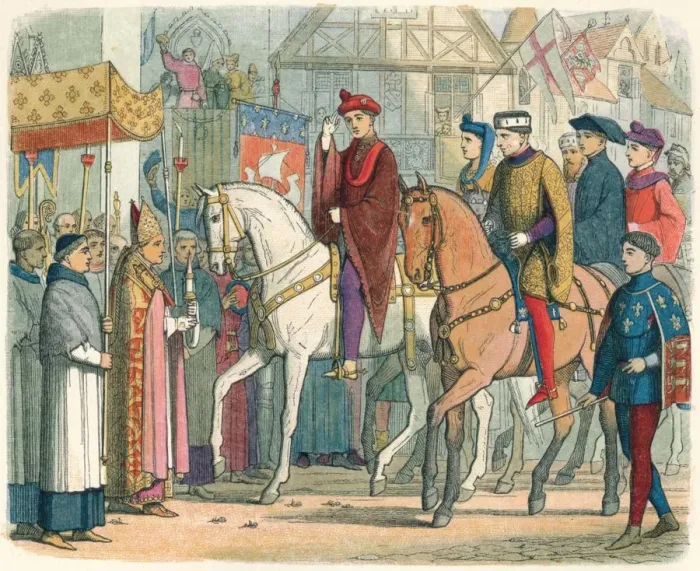 Framed Print : Charles and Henry welcomed by the clergy, 1420 (1864). Artist: James William Edmund Doyle Framed Print : Charles and Henry welcomed by the clergy, 1420 (1864). Artist: James William Edmund Doyle