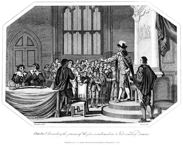 Framed Print : Charles I demanding that the five members he accused of treason be handed over to him, 1803. Artist: Deeves Framed Print : Charles I demanding that the five members he accused of treason be handed over to him, 1803. Artist: Deeves