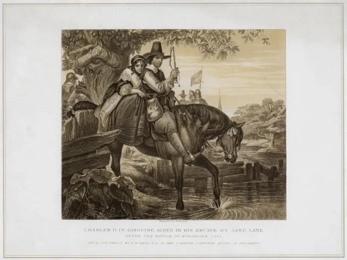 Framed Print : Charles II in Disguise Aided in his Escape by Jane Lane... 1651, (19th century). Artist: Herbert Bourne Framed Print : Charles II in Disguise Aided in his Escape by Jane Lane... 1651, (19th century). Artist: Herbert Bourne