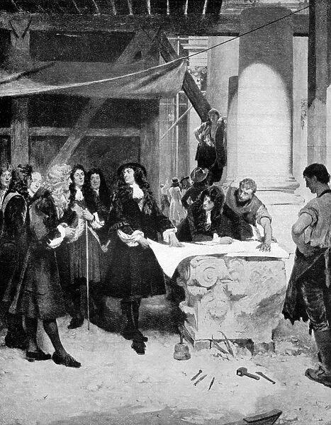 Charles II visiting Sir Christopher Wren during the building of St Pauls Cathedral, London, 1909. Artist: John Seymour Lucas