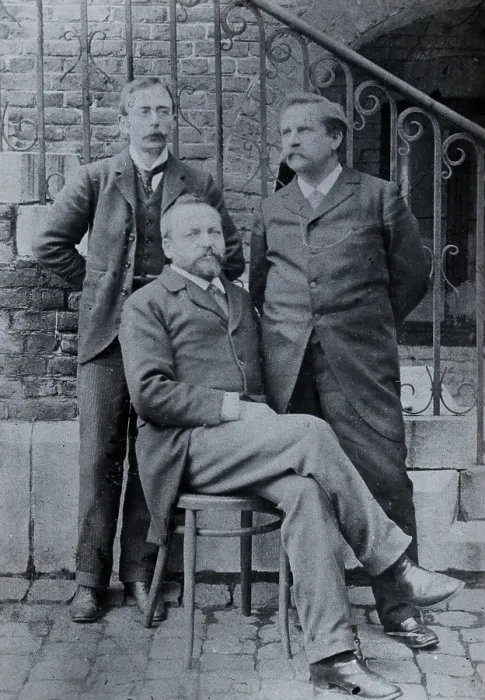 Framed Print : Charles Sherrington (left), Leon Fredericq (seated) and Paul Grutzner (right) outside the...(1940?). Creator: Unknown Framed Print : Charles Sherrington (left), Leon Fredericq (seated) and Paul Grutzner (right) outside the...(1940?). Creator: Unknown