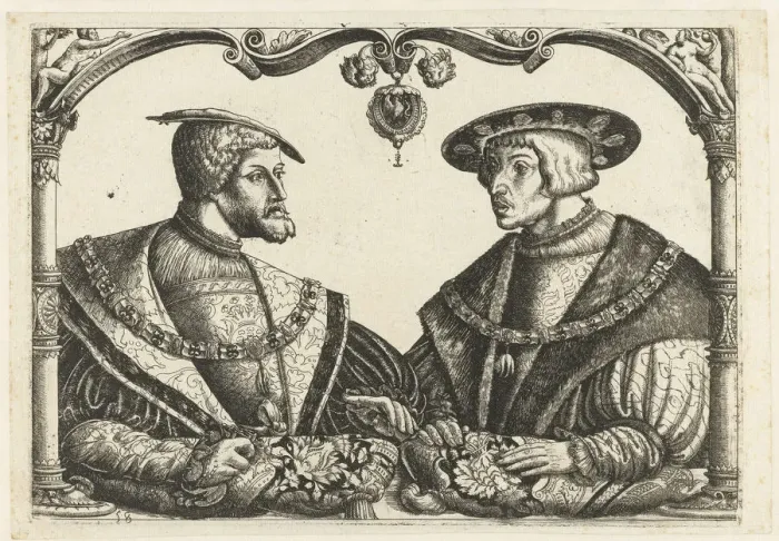 Framed Print : Charles V and Ferdinand I. Artist: Bockstorffer, Christoffel (1480-1553) Framed Print : Charles V and Ferdinand I. Artist: Bockstorffer, Christoffel (1480-1553)