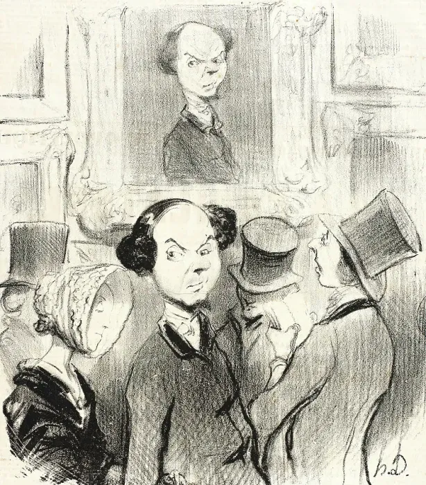 Framed Print : Charmé de se voir exposé, l'original ici présent conduit son épouse au salon... 1841. Creator: Honore Daumier Framed Print : Charmé de se voir exposé, l'original ici présent conduit son épouse au salon... 1841. Creator: Honore Daumier