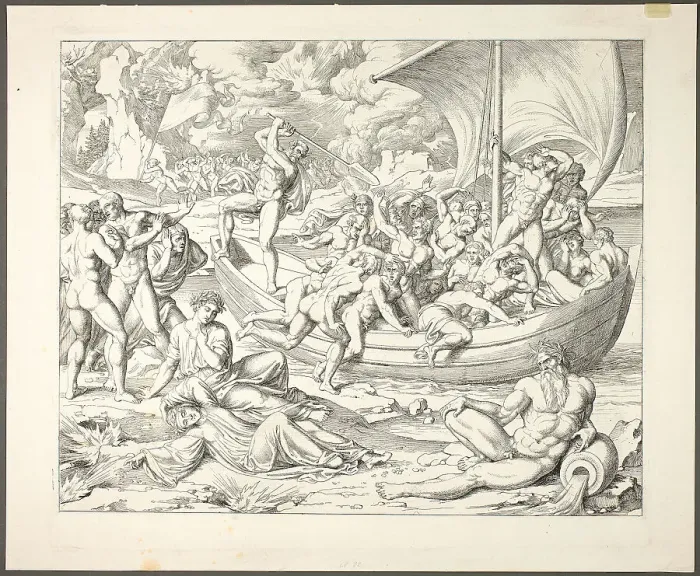 Framed Print : Charon's Bark with Souls Crossing the Styx, plate two from Darstellungen aus Dante's... 1808-09. Creator: Joseph Anton Koch Framed Print : Charon's Bark with Souls Crossing the Styx, plate two from Darstellungen aus Dante's... 1808-09. Creator: Joseph Anton Koch