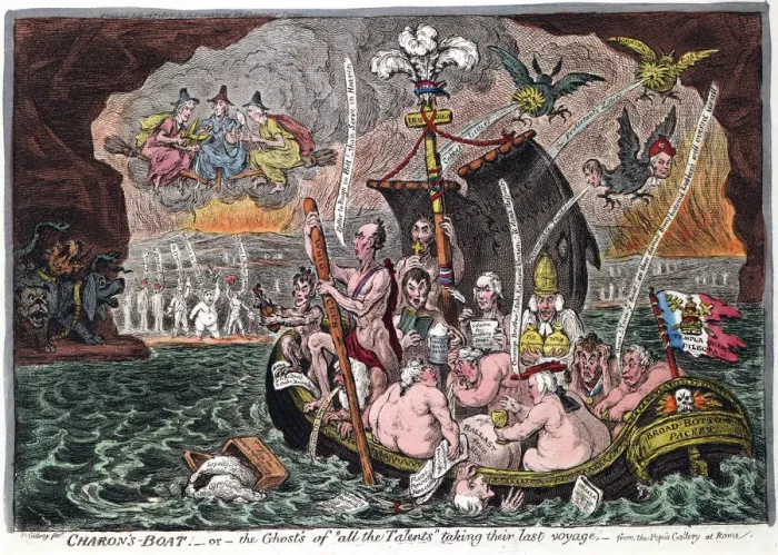 Framed Print : Charons Boat, or the Ghosts of all the Talents taking their last voyage, 1807. Artist: James Gillray Framed Print : Charons Boat, or the Ghosts of all the Talents taking their last voyage, 1807. Artist: James Gillray
