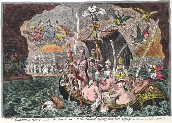 Framed Print : Charons Boat or The Ghosts of all the Talents taking their last voyage, 1807. Artist: Gillray, James (1757-1815) Framed Print : Charons Boat or The Ghosts of all the Talents taking their last voyage, 1807. Artist: Gillray, James (1757-1815)