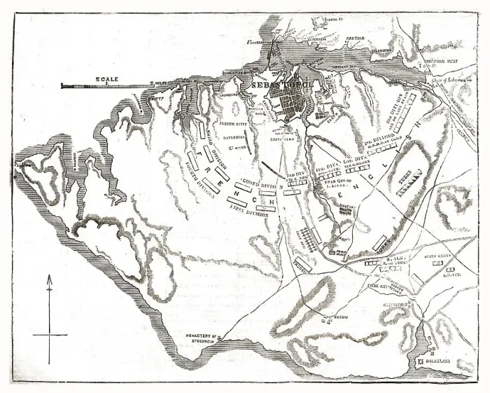 Framed Print : Chart showing the relative positions of the batteries and Allied Forces around Sebastopol, 1854. Creator: Unknown Framed Print : Chart showing the relative positions of the batteries and Allied Forces around Sebastopol, 1854. Creator: Unknown