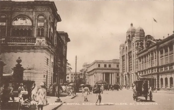 Framed Print : Chartered Bank & Royal Exchange on Cleve St, Calcutta, c1900 Framed Print : Chartered Bank & Royal Exchange on Cleve St, Calcutta, c1900