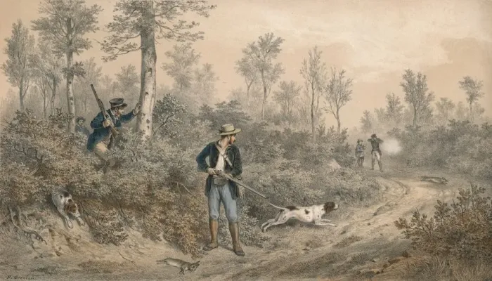 Framed Print : Chasses a Tir, Battue en Foret, mid 19th century. Creator: F Grenier Framed Print : Chasses a Tir, Battue en Foret, mid 19th century. Creator: F Grenier