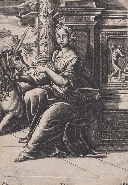 Chastity, a woman seated, a unicorn to her right, c. 1515-30. Creator: Agostino Veneziano