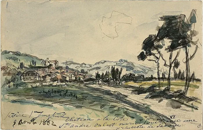 Framed Print : Chateau, Cote Saint Andre (recto) Empty Cart and Shed with Other Sketches (verso), 1882. Creator: Johan Barthold Jongkind Framed Print : Chateau, Cote Saint Andre (recto) Empty Cart and Shed with Other Sketches (verso), 1882. Creator: Johan Barthold Jongkind