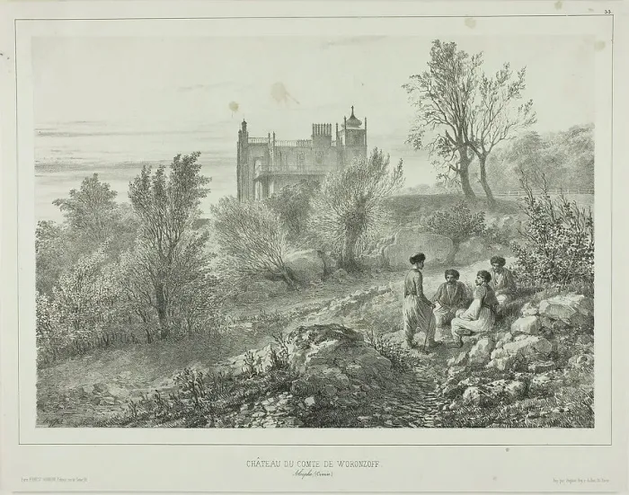 Framed Print : The Château of Count Woronzoff, Aloupka, Crimea, August 12, 1837, 1840. Creator: Auguste Raffet Framed Print : The Château of Count Woronzoff, Aloupka, Crimea, August 12, 1837, 1840. Creator: Auguste Raffet