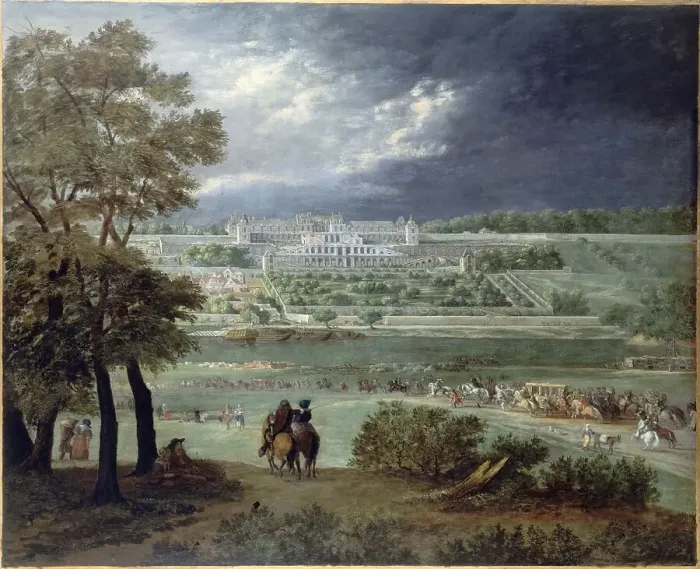 Framed Print : Chateau Neuf de Saint-Germain-en-Laye and gardens, seen from the right bank...c1664-1665. Creator: Adam Frans van der Meulen Framed Print : Chateau Neuf de Saint-Germain-en-Laye and gardens, seen from the right bank...c1664-1665. Creator: Adam Frans van der Meulen