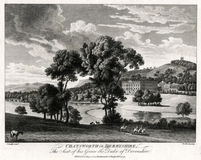 Framed Print : Chatsworth in Derbyshire, The Seat of his Grace the Duke of Devonshire, 1775. Artist: Michael Angelo Rooker Framed Print : Chatsworth in Derbyshire, The Seat of his Grace the Duke of Devonshire, 1775. Artist: Michael Angelo Rooker