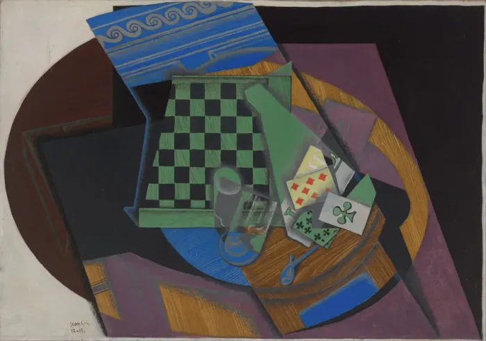 Framed Print : Checkerboard and playing cards, 1915. Artist: Gris, Juan (1887-1927) Framed Print : Checkerboard and playing cards, 1915. Artist: Gris, Juan (1887-1927)