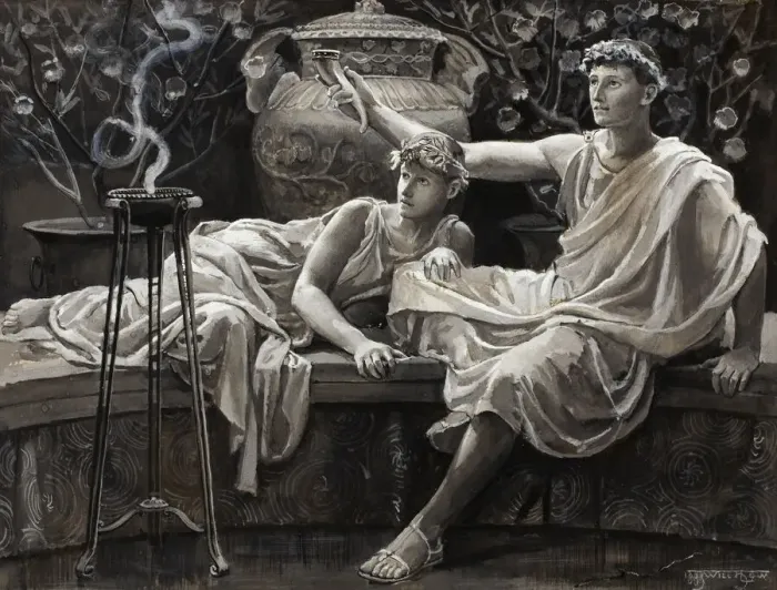 Framed Print : Checking His Love Trance, a Cup He Took Full Brimm d, 1885. Creator: Will H. Low