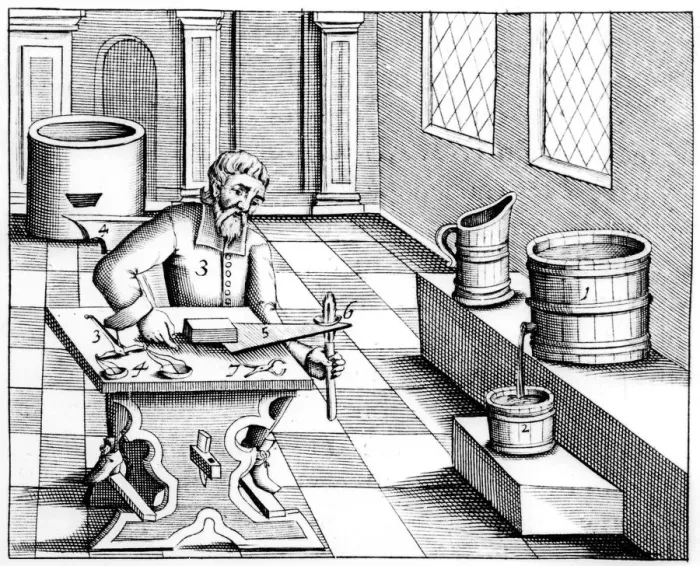 Framed Print : Checking the quality of saltpetre (nitre, potassium nitrate, or KN03), 1683 Framed Print : Checking the quality of saltpetre (nitre, potassium nitrate, or KN03), 1683