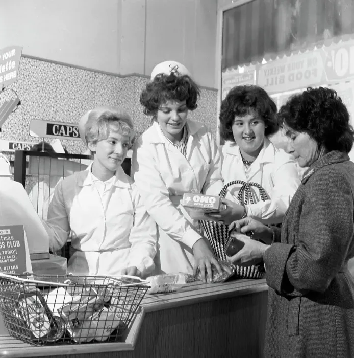Framed Print : Checkout girls at a supermarket opening, Broughs Ltd, Thurnscoe, South Yorkshire, 1963 Framed Print : Checkout girls at a supermarket opening, Broughs Ltd, Thurnscoe, South Yorkshire, 1963