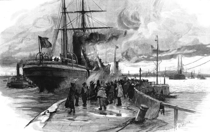 Framed Print : Cheer Boys Cheer -- An Emigrant Ship Leaving Harbour. 1891. Creator: Charles William Wyllie. Cheer Boys Cheer -- An Emigrant Ship Leaving Harbour. 1891. Creator: Charles William Wyllie Framed Print : Cheer Boys Cheer -- An Emigrant Ship Leaving Harbour. 1891. Creator: Charles William Wyllie. Cheer Boys Cheer -- An Emigrant Ship Leaving Harbour. 1891. Creator: Charles William Wyllie